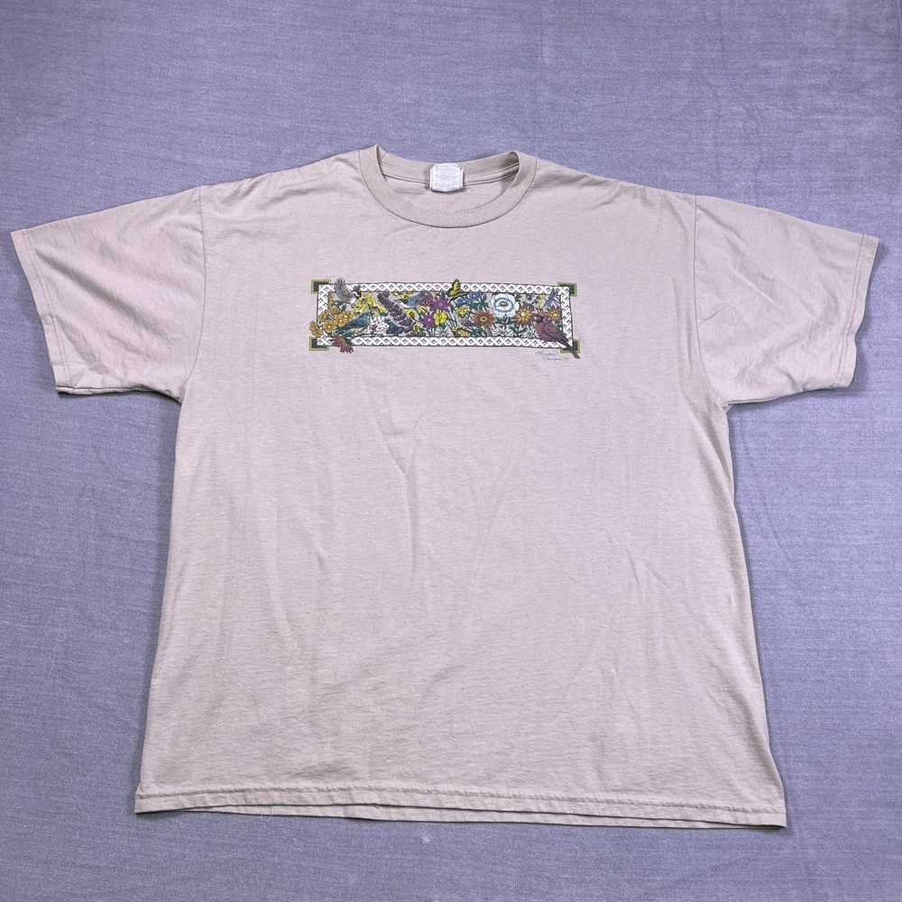 VTG Birds Nature Jerzees Womens Beige Short Sleeve Graphic T-Shirt Size XL
